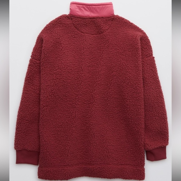 Aerie Dream Sherpa Quarter Zip Sweatshirt Burgundy Size M Cozy Soft Pockects - Picture 6 of 6